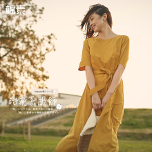 茵曼旗舰店纯棉连衣裙夏季2018新款文艺系带短袖宽松中长裙森女系图片