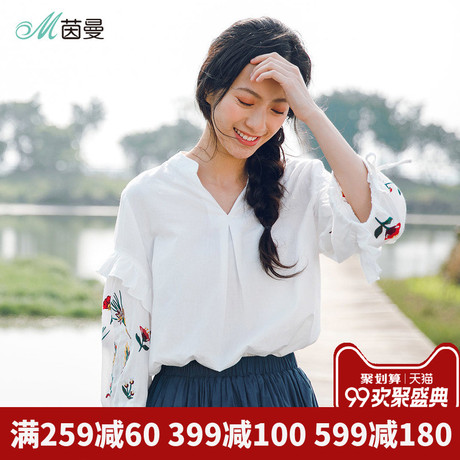 茵曼旗舰店绣花系带袖衬衣2018夏装新款立领拼接花边中袖衬衫上衣商品大图