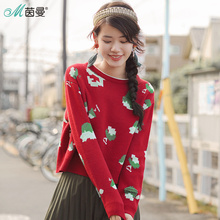 茵曼旗舰店2018春装新款圆领长袖提花宽松套头圣诞红毛衣女针织衫图片