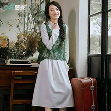 茵曼旗舰店2018秋装新款文艺小清新纯棉两件套长袖连衣裙女中长裙图片