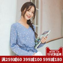 茵曼旗舰店V领荷叶边长袖衬衣2018秋冬装新款碎花套头衬衫女上衣图片
