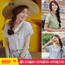 茵曼旗舰店短袖T恤女装2018夏季新款绣花V领纯棉体恤女半截袖上衣图片