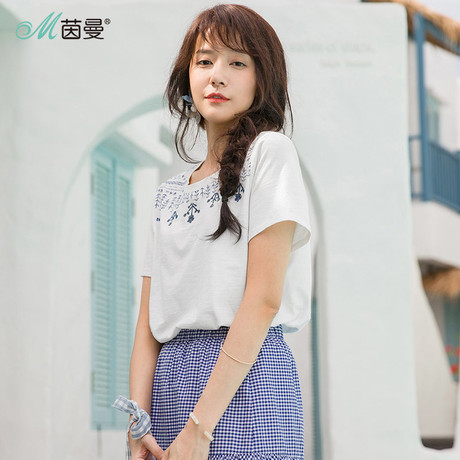 茵曼旗舰店2018夏装新款圆领印绣短袖T恤女宽松半截袖上衣体恤衫商品大图