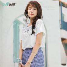 茵曼旗舰店2018夏装新款圆领印绣短袖T恤女宽松半截袖上衣体恤衫图片