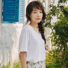 茵曼旗舰店2018新款休闲女装夏装v领t恤短袖纯色体恤女半截衫上衣图片