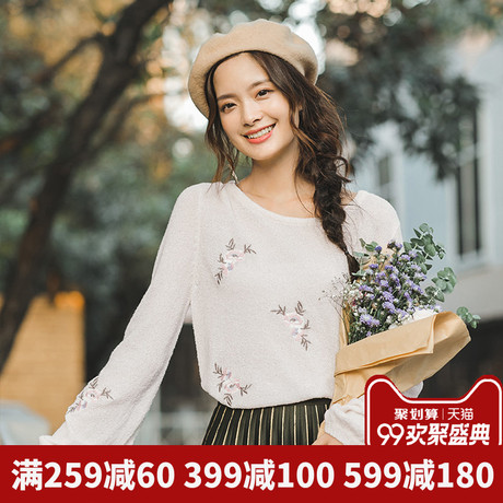 茵曼旗舰店绣花灯笼袖长袖针织衫女上衣2018秋冬新款打底衫毛衣商品大图