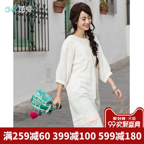 茵曼旗舰店全棉印花灯笼中袖连衣裙夏装2018新款渐变宽松中长裙子商品大图