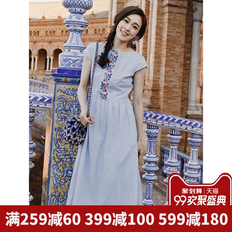 茵曼旗舰店棉麻连衣裙夏季2018新款绣花收腰显瘦中长裙女装过膝裙商品大图