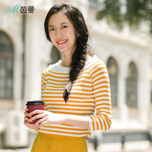 茵曼旗舰店一字领条纹针织衫2018秋装新款蕾丝边显瘦打底衫女毛衣图片