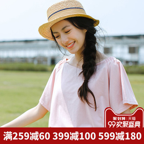 茵曼旗舰店荷叶边短袖T恤衫夏季2018新款系带大V领半截袖上衣体恤商品大图