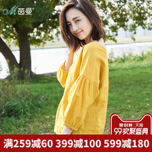 茵曼棉麻衬衫套头2018秋季新款亚麻衬衫女装宽松麻衣长袖衬衣上衣图片