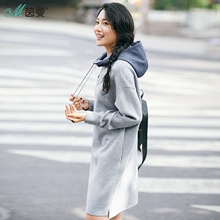 茵曼旗舰店2018秋装新款连帽宽松落肩袖卫衣裙连衣裙中裙女打底裙图片