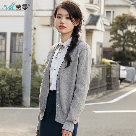茵曼旗舰店针织开衫长袖外搭春秋短外套女装毛衣宽松上衣2018新款商品大图
