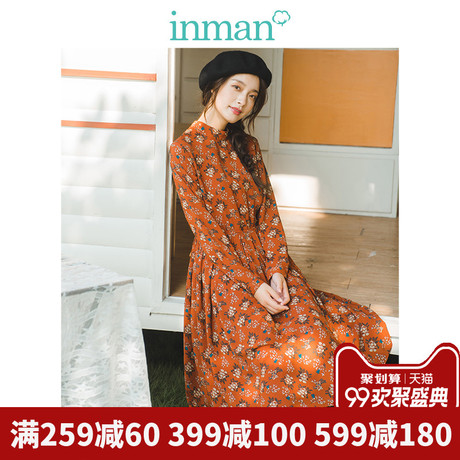 inman茵曼旗舰店立领印花长袖连衣裙女2018秋装新款打底裙中长裙商品大图