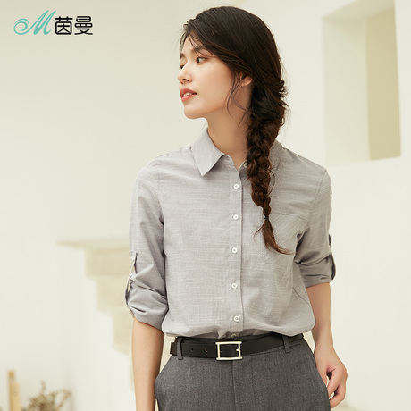 inman茵曼旗舰店翻领宽松长袖细条纹衬衫女上衣2018秋装新款衬衣商品大图