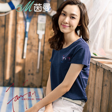 茵曼旗舰店短袖T恤女装2018夏装新款印花纯棉体恤衫上衣女装半袖图片