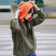 茵曼旗舰店外套2018秋装新款连帽刺绣bf风棒球服夹克女短款风衣图片