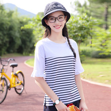 西子小荷半袖女2018新款韩版宽松春装中学生条纹t恤短袖少女夏装图片