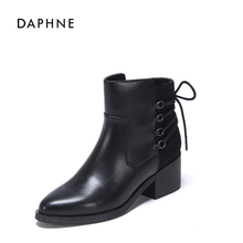 Daphne/达芙妮冬时尚拼接女鞋气质尖头后系带粗跟靴子1016607014