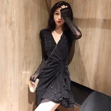 港味chic交叉V领抽绳系带亮片A字裙子鱼尾连衣裙女装 新款 2019春装