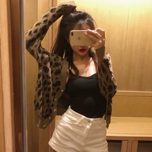 2018秋装新款复古撞色豹纹开衫V领宽松长袖针织毛衣外套上衣女装