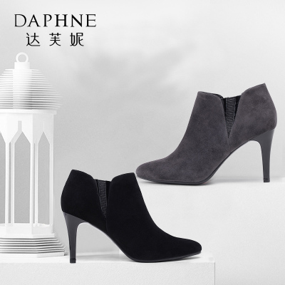 Daphne/达芙妮女鞋秋季柔软羊皮绒尖头弹力布细高跟女单鞋