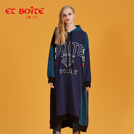 Et Boite/法文箱子秋季潮流超长款印绣花带帽T恤卫衣女E182C213商品大图