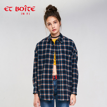 Et Boite/法文箱子秋季新格子图案中长款纯棉衬衫上衣女E182S001图片
