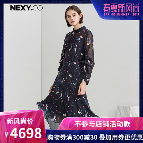 NEXY.CO/奈蔻真丝印花宽松中长款薄纱连衣裙桑蚕丝大牌春季新款商品大图