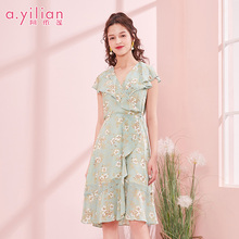 时尚 印花雪纺连衣裙女双层收腰系带淑女裙子 阿依莲2019夏季新款