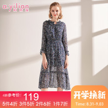 阿依莲2018秋季新款显瘦收腰文艺裙子小清新长袖碎花雪纺连衣裙女图片