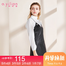 阿依莲2018秋季新款无袖吊带连衣裙女休闲V领短款黑色皮裙A字裙图片