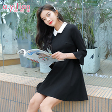 阿依莲2019秋季新品修身显瘦五分荷叶袖拼接衬衫领简洁时尚连衣裙