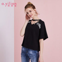 阿依莲2018夏季新款时尚针织衫韩版短袖女t恤上衣服黑色体恤百搭图片