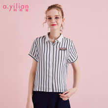 阿依莲正品2018夏季新款时尚修身条纹衬衫女简约百搭短袖薄款衬衣图片