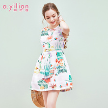 阿依莲2018夏装新款时尚女无袖圆领收腰修身女裙印花连衣裙图片