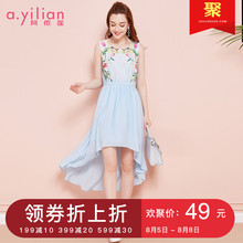 阿依莲2018夏季印花雪纺长裙无袖收腰显瘦不规则下摆连衣裙图片