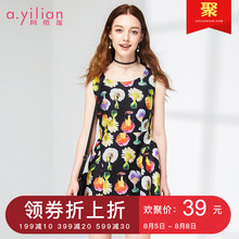阿依莲2018夏装新款趣味女装印花圆领无袖收腰显瘦连衣裙图片