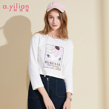 阿依莲2018秋季新款韩版潮女上衣甜美可爱时尚九分袖印花针织衫图片