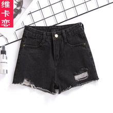 维卡恋夏装新品高腰牛仔短裤破洞纯色棉修身显瘦韩版简约休闲热裤图片