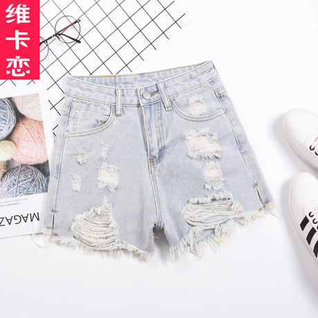 维卡恋秋夏新品牛仔短裤女破洞毛边休闲修身牛仔热裤A字裤商品大图