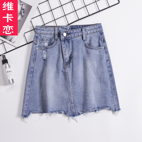 维卡恋夏季新品女装不规则牛仔短裤撕裂磨破修身做旧复古牛仔半裙商品大图