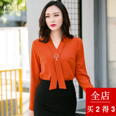 惊束2018秋装新款飘带显瘦套头大码上衣打底衫V领长袖衬衫女衬衣商品大图