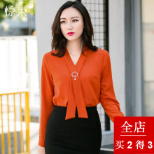 惊束2018秋装新款飘带显瘦套头大码上衣打底衫V领长袖衬衫女衬衣图片
