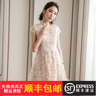 复古chic韩版公主裙新款蕾丝网纱刺绣气质改良旗袍连衣裙2018女夏