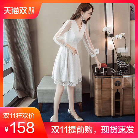 白色蕾丝连衣裙女装秋季2018新款韩版中长款气质温柔超仙A字裙子商品大图