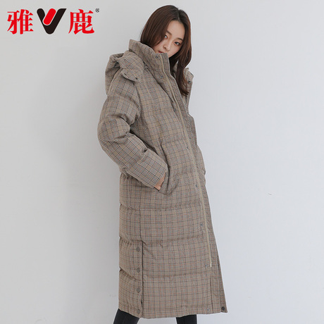 雅鹿高档时尚女装羽绒服中长款花格子连帽保暖加绒新款韩版潮流商品大图