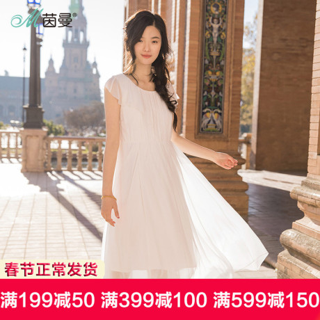 茵曼旗舰店文艺风女装夏装桑蚕丝宽松裙白色真丝连衣裙仙女长裙子商品大图