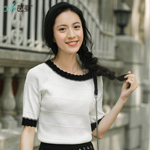 茵曼旗舰店2018秋装新款女装复古短袖针织衫毛衣女套头打底衫薄款图片