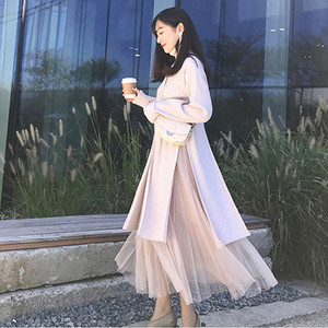 2018春装高领开叉针织衫套装裙女中长款毛衣